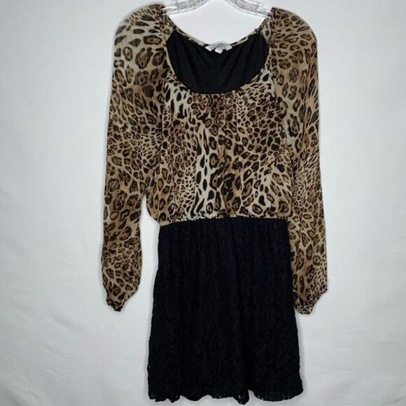 Speechless Black Brown Cheetah Leopard Animal Print Long Sheer Sleeves Lace L - Picture 4 of 10